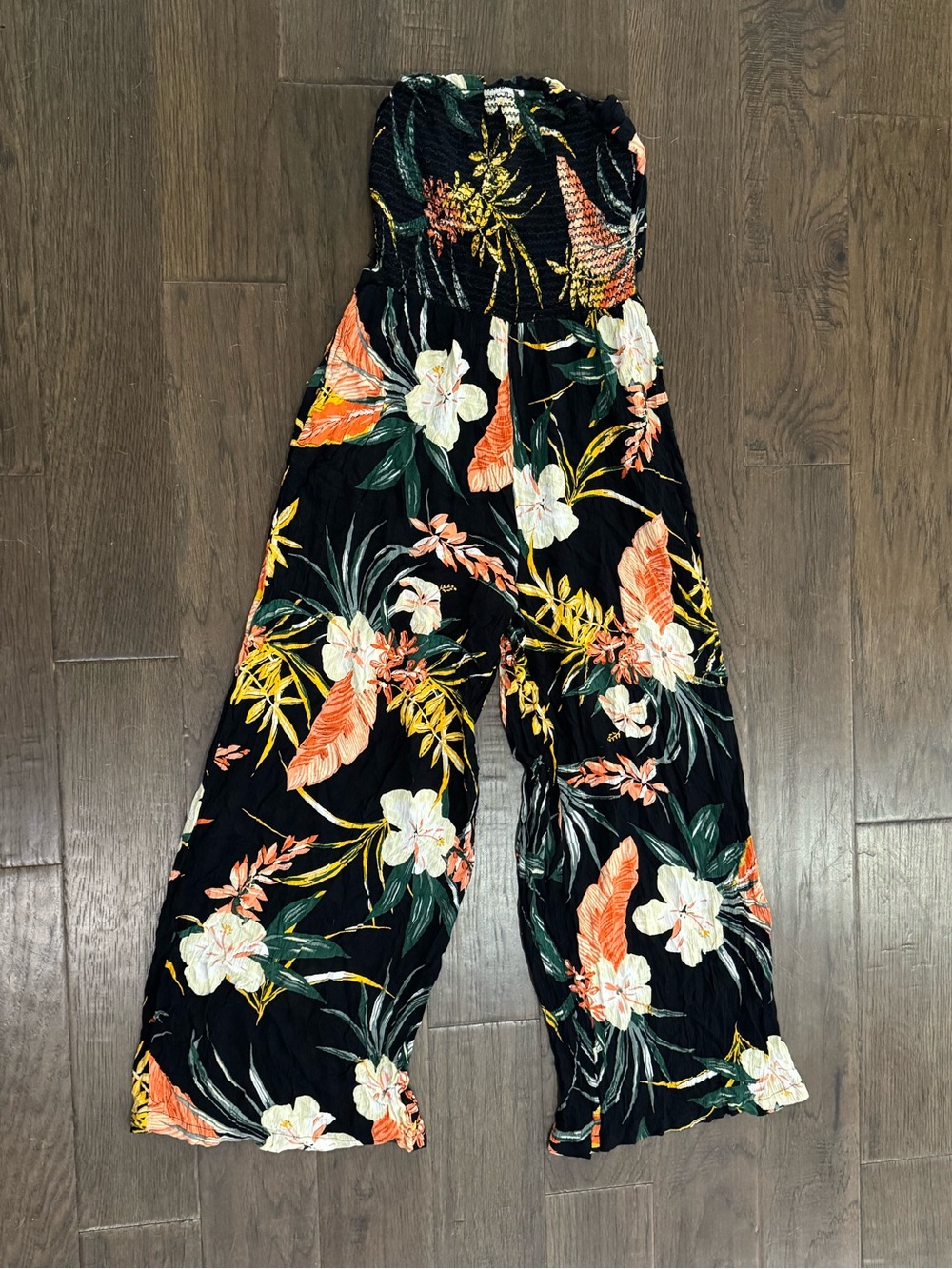 Patrons of Peace Black Tropical Strapless Wide-Leg Jumpsuit